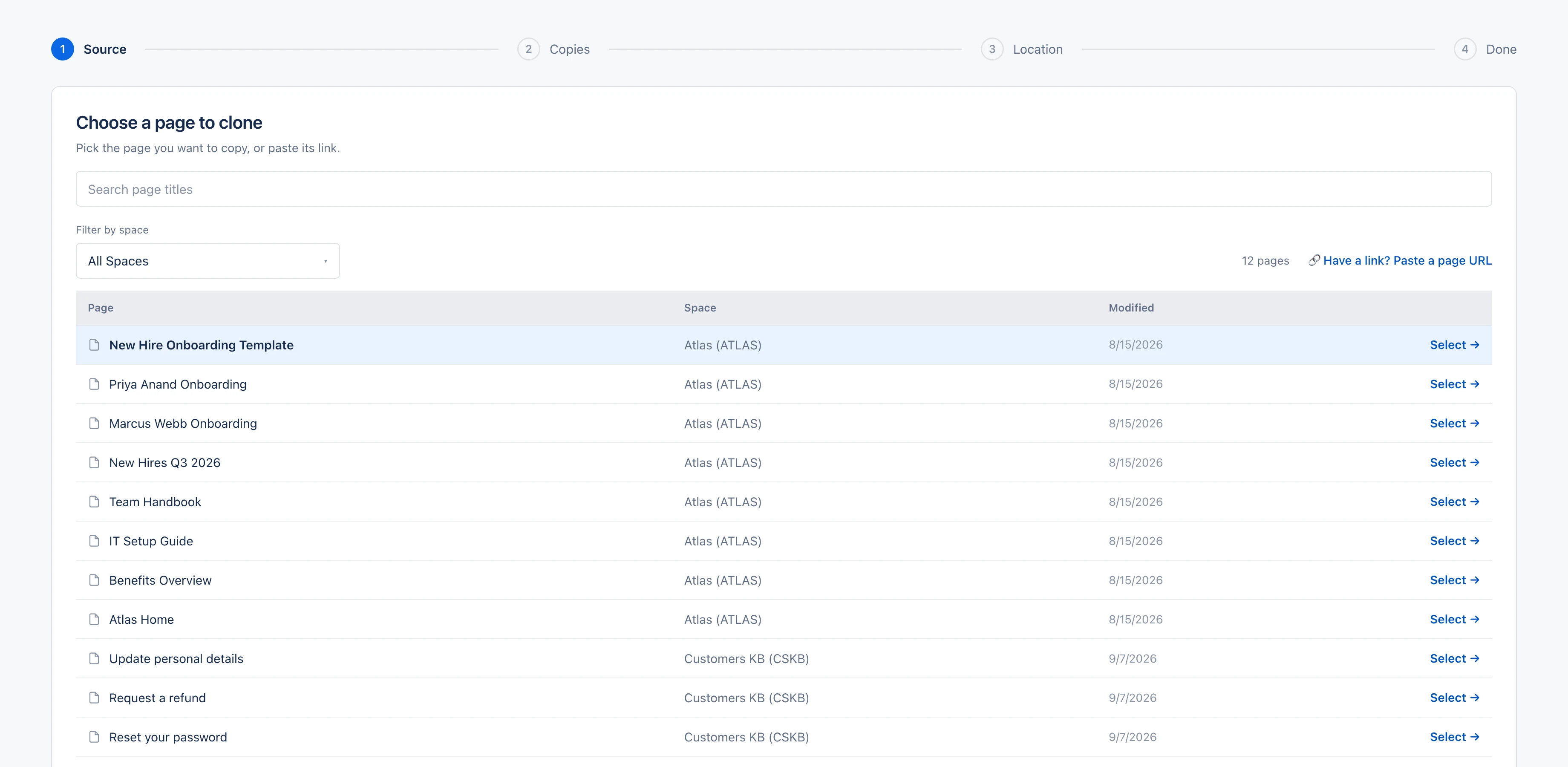 Select a source page as template in Bulk Page Cloner